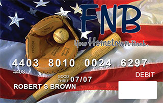 debit card showing a baseball bat and mitt on top of the American flag