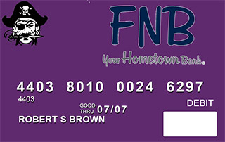 purple debit card with the Tolar Pirates logo in the corner